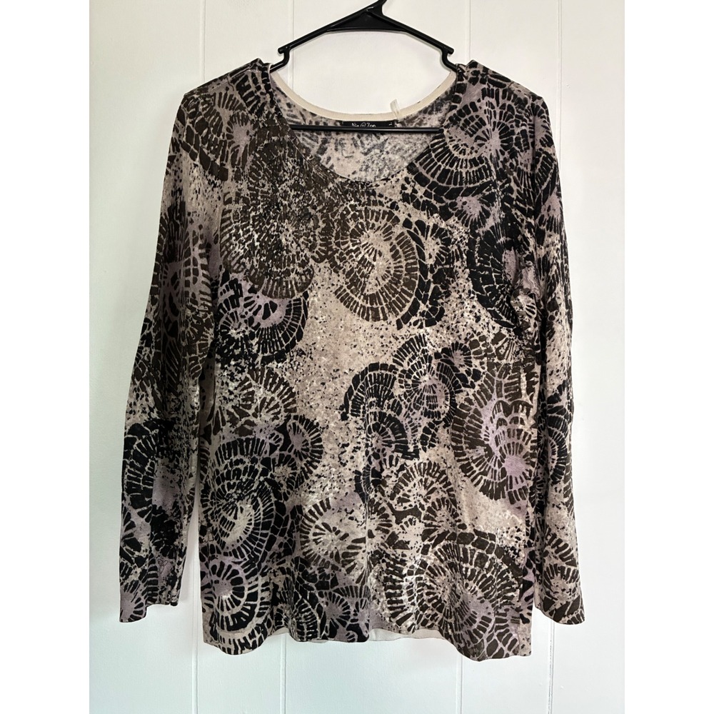 Nic + Zoe Womens Large Silk Linen Blend Abstract Spiral Knit Sweater Taupe Black